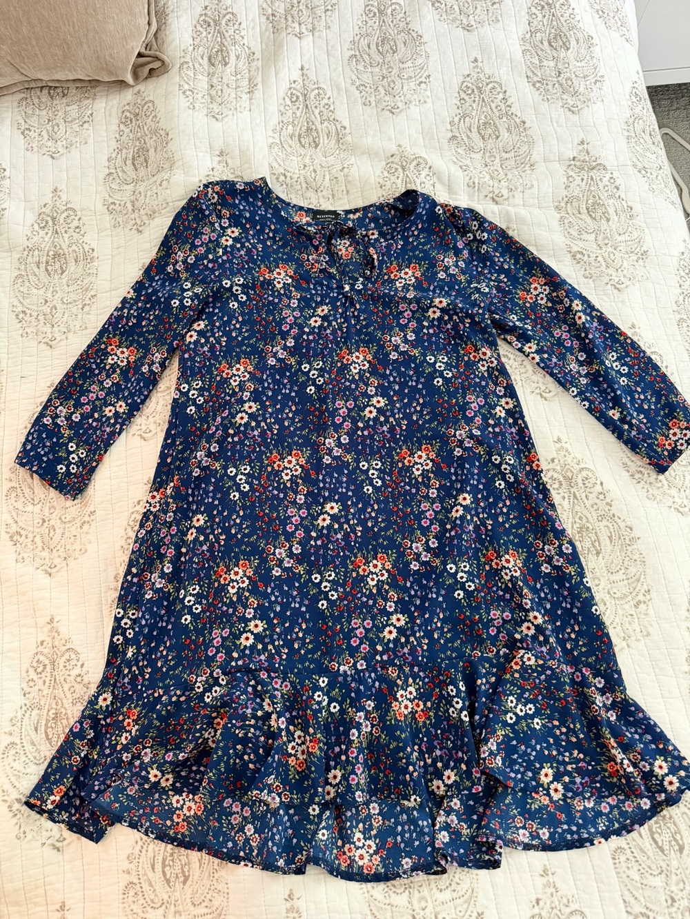 Reserved Navy Floral Ruffle-Hem Casual Dress